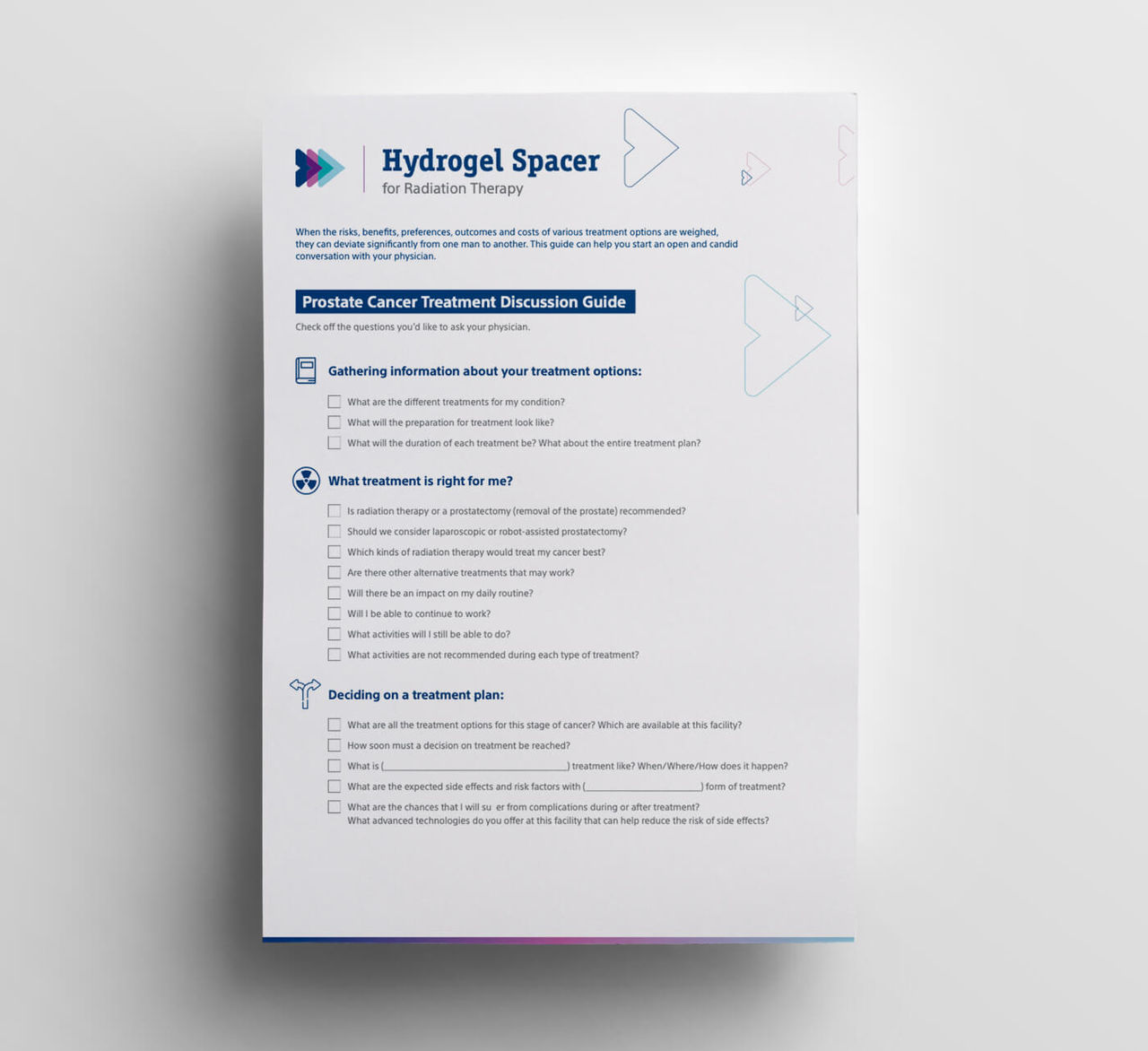 Broschüre mit Gesprächsleitfaden über Hydrogel-Spacer-Behandlungen